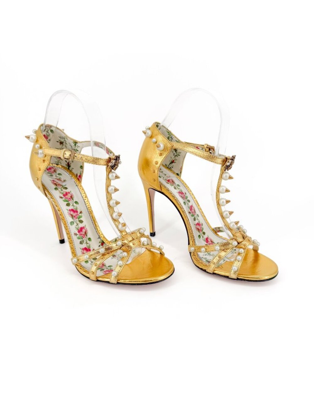 Gucci Regina Metallic Gold Pearl Studded T-Strap Heels Bee GG Size 37.5 US 7.5